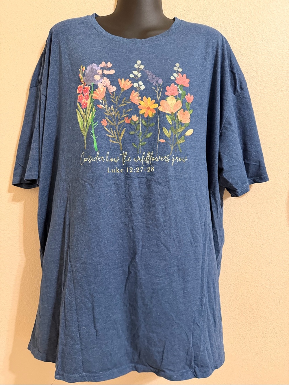 Blue Floral Graphic Short Sleeve Tee with Scripture